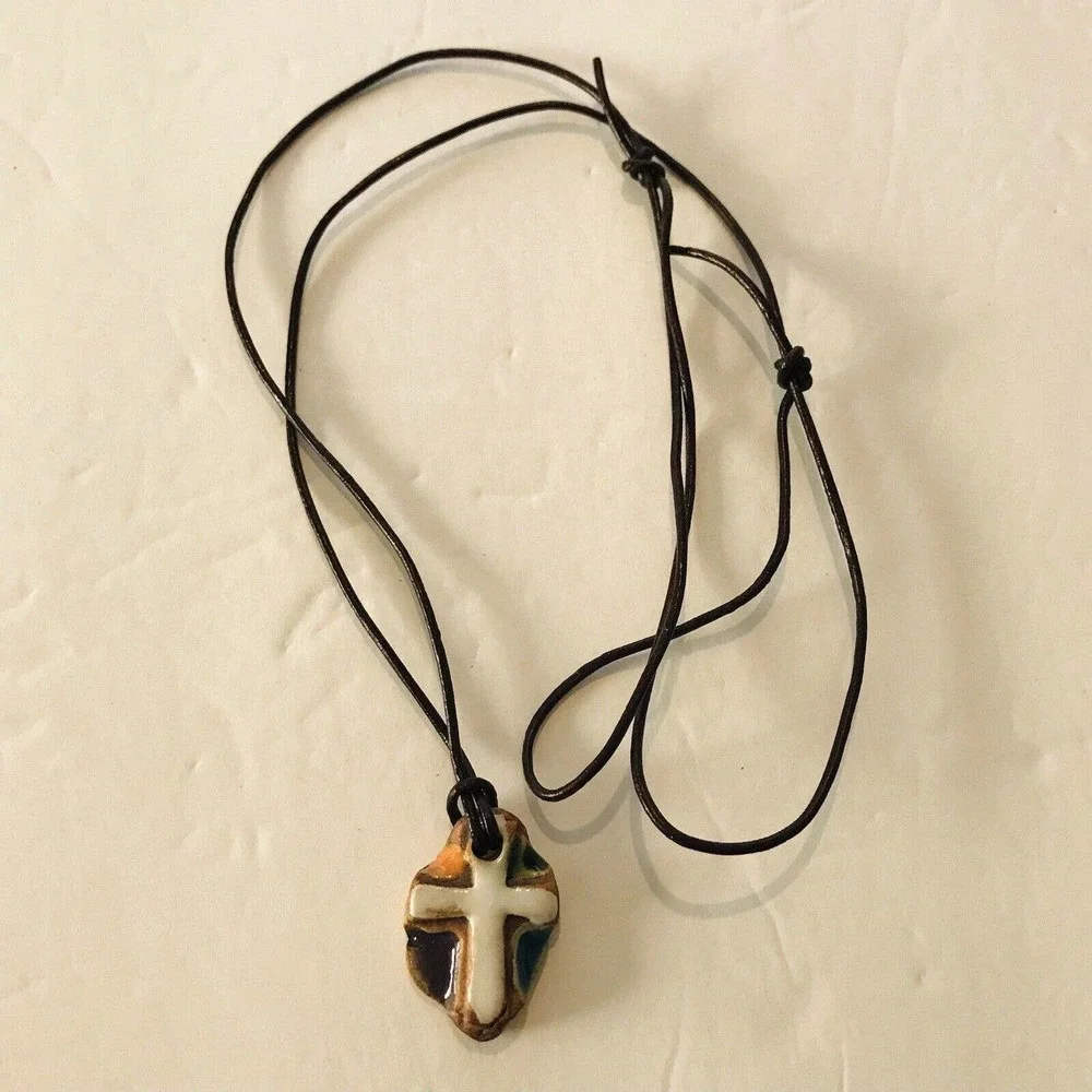 Necklace Cross Charm Clay Multi Color Handmade Brown Adjustable Rope Chain